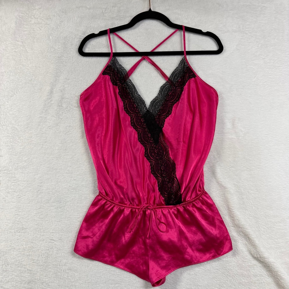 Victoria's Secret M Pink Black Lace Trim Satin Romper Sleep Teddy Lingerie Glam